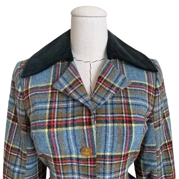 Vintage 90s VIVIENNE WESTWOOD F/W 1994 Wool Tartan Plaid Jacket Velvet Trim Orb - Picture 2 of 12